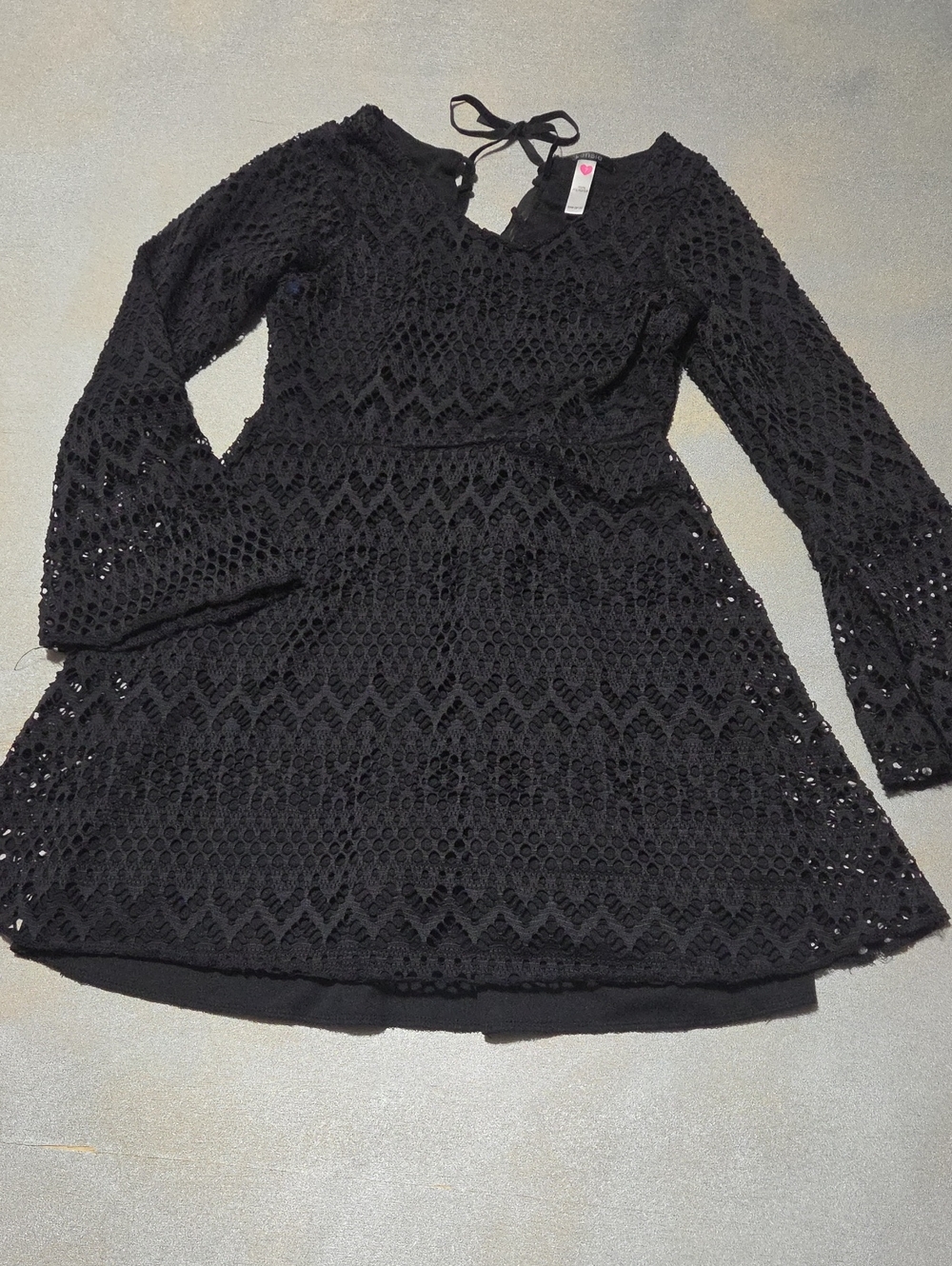 Kensie Black Crochet Tie-Back Long Sleeve Dress